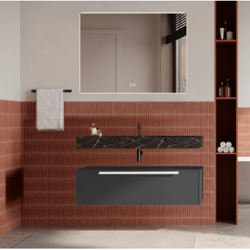 Set mobilier baie suspendat negru mat, lavoar negru și oglinda, manere albe, 100 cm, SaviniDue Iconica