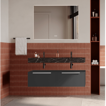 Set mobilier baie suspendat negru mat, lavoar negru si oglinda, manere albe, 120 cm, SaviniDue Iconica