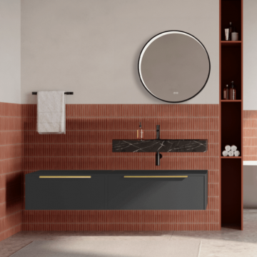 Set mobilier baie suspendat negru mat, lavoar negru si oglinda rotunda, manere aurii, 140 cm, SaviniDue Iconica
