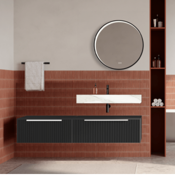 Set mobilier baie suspendat negru mat, riflaje Cannetatto, lavoar alb si oglinda rotunda, manere albe, 140 cm, SaviniDue Iconica