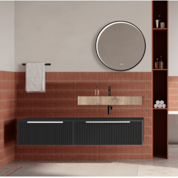 Set mobilier baie suspendat negru mat, riflaje Cannetatto, lavoar imitatie lemn si oglinda rotunda, manere albe, 140 cm, SaviniDue Iconica