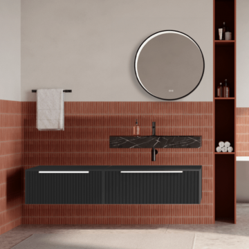 Set mobilier baie suspendat negru mat, riflaje Cannetatto, lavoar negru si oglinda rotunda, manere albe, 140 cm, SaviniDue Iconica