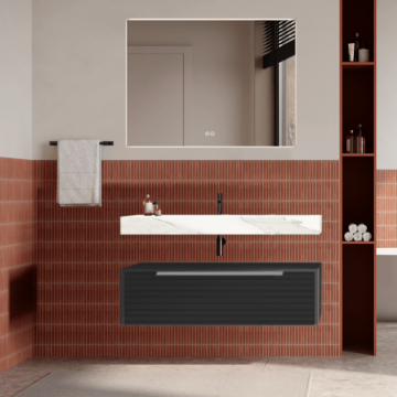 Set mobilier baie suspendat negru mat, riflaje Dogato, lavoar alb și oglinda, manere otel inoxidabil, 100 cm, SaviniDue Iconica