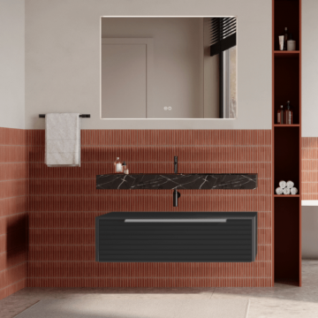 Set mobilier baie suspendat negru mat, riflaje Dogato, lavoar negru și oglinda, manere otel inoxidabil, 100 cm, SaviniDue Iconica