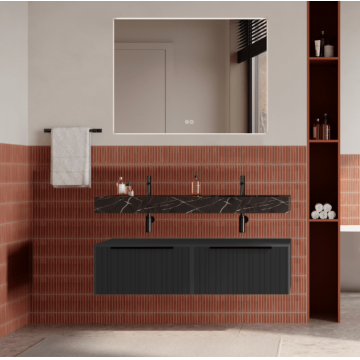 Set mobilier baie suspendat negru mat, riflaje Plissetatto, lavoar negru si oglinda, manere negre, 120 cm, SaviniDue Iconica