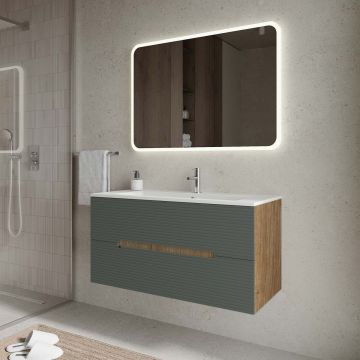 Set mobilier baie suspendat verde italia cu imitatie lemn, lavoar alb și oglindă, 100 cm, cu riflaj Dogato SaviniDue Iris