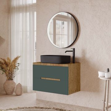 Set mobilier baie suspendat verde italia cu imitatie lemn natur, lavoar negru pe blat și oglindă, 80 cm, SaviniDue Iris