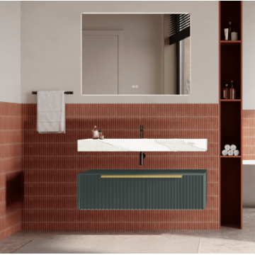 Set mobilier baie suspendat verde italia, cu riflaje Cannetatto, lavoar alb și oglinda, manere aurii, 100 cm, SaviniDue Iconica