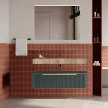 Set mobilier baie suspendat verde italia, cu riflaje Cannetatto, lavoar imitatie lemn și oglinda, manere aurii, 100 cm, SaviniDue Iconica