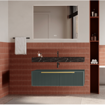 Set mobilier baie suspendat verde italia, cu riflaje Cannetatto, lavoar negru mat și oglinda, manere aurii, 100 cm, SaviniDue Iconica