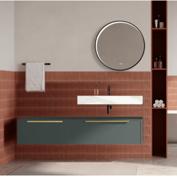 Set mobilier baie suspendat verde italia, lavoar alb si oglinda rotunda, manere aurii, 140 cm, SaviniDue Iconica