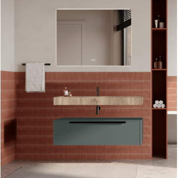 Set mobilier baie suspendat verde italia, lavoar imitatie lemn și oglinda, manere negre, 100 cm, SaviniDue Iconica