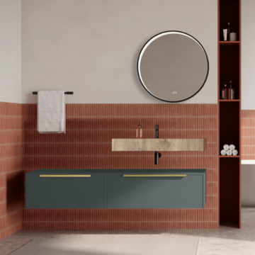 Set mobilier baie suspendat verde italia, lavoar imitatie lemn si oglinda rotunda, manere aurii, 140 cm, SaviniDue Iconica