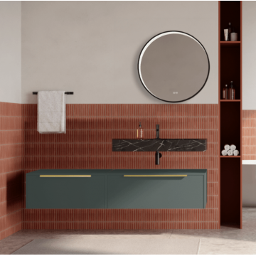 Set mobilier baie suspendat verde italia, lavoar negru si oglinda rotunda, manere aurii, 140 cm, SaviniDue Iconica