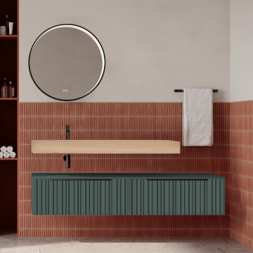 Set mobilier baie suspendat verde italia mat cu lavoar imitație lemn și oglindă, cu riflaje Plissetatto, 160 cm, SaviniDue Iconica