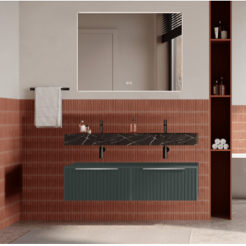 Set mobilier baie suspendat verde italia, riflaje Cannetatto, lavoar negru și oglinda, manere otel inoxidabil, 120 cm, SaviniDue Iconica