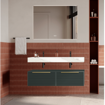 Set mobilier baie suspendat verde italia, riflaje Dogato, lavoar alb și oglinda, manere aurii, 120 cm, SaviniDue Iconica