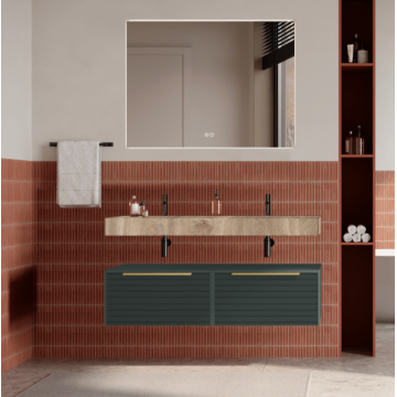 Set mobilier baie suspendat verde italia, riflaje Dogato, lavoar imitatie lemn și oglinda, manere aurii, 120 cm, SaviniDue Iconica