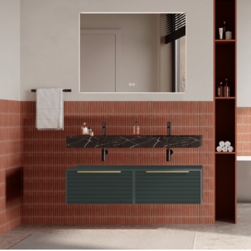 Set mobilier baie suspendat verde italia, riflaje Dogato, lavoar negru și oglinda, manere aurii, 120 cm, SaviniDue Iconica