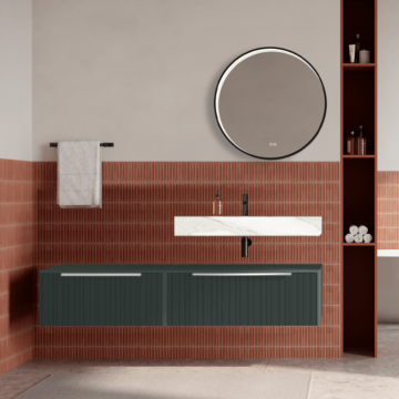 Set mobilier baie suspendat verde italia, riflaje Plissetatto, lavoar alb si oglinda rotunda, manere crom, 140 cm, SaviniDue Iconica