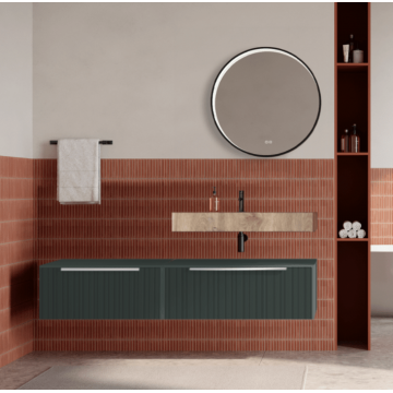 Set mobilier baie suspendat verde italia, riflaje Plissetatto, lavoar imitatie lemn si oglinda rotunda, manere crom, 140 cm, SaviniDue Iconica