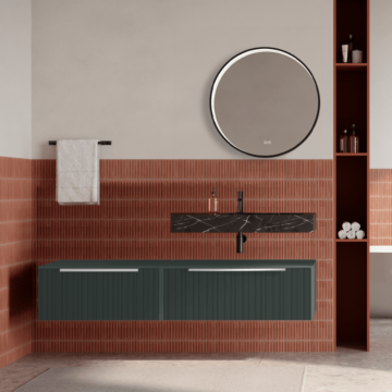 Set mobilier baie suspendat verde italia, riflaje Plissetatto, lavoar negru si oglinda rotunda, manere crom, 140 cm, SaviniDue Iconica