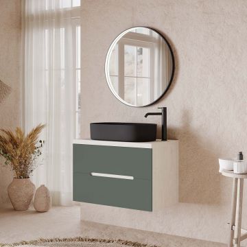 Set mobilier baie suspendat verde salvie cu imitatie lemn, lavoar negru pe blat și oglindă, 80 cm, SaviniDue Iris