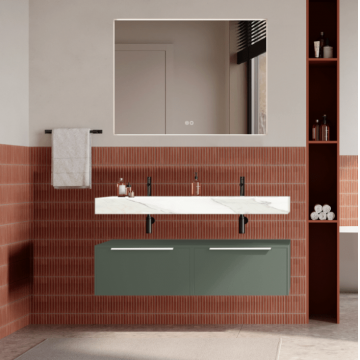 Set mobilier baie suspendat verde salvie, lavoar alb si oglinda, manere albe, 120 cm, SaviniDue Iconica