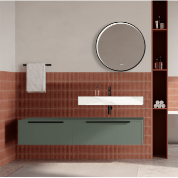 Set mobilier baie suspendat verde salvie, lavoar alb si oglinda rotunda, manere negre, 140 cm, SaviniDue Iconica