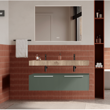 Set mobilier baie suspendat verde salvie, lavoar imitatie lemn si oglinda, manere albe, 120 cm, SaviniDue Iconica