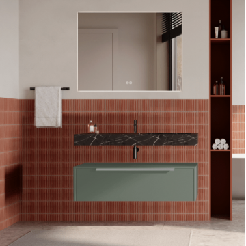 Set mobilier baie suspendat verde salvie, lavoar negru și oglinda, manere otel inoxidabil, 100 cm, SaviniDue Iconica
