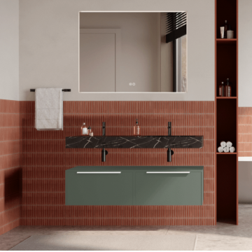 Set mobilier baie suspendat verde salvie, lavoar negru si oglinda, manere albe, 120 cm, SaviniDue Iconica