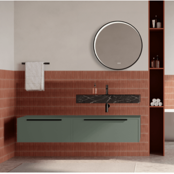 Set mobilier baie suspendat verde salvie, lavoar negru si oglinda rotunda, manere negre, 140 cm, SaviniDue Iconica
