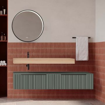 Set mobilier baie suspendat verde salvie mat cu lavoar imitație lemn și oglindă, cu riflaje Plissetatto, 160 cm, SaviniDue Iconica