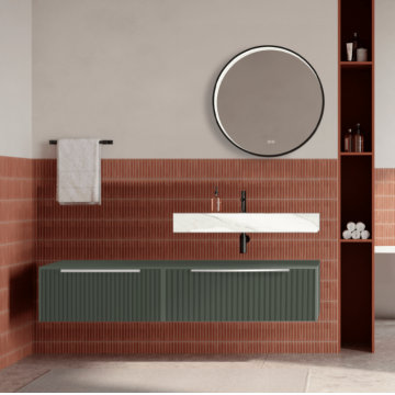 Set mobilier baie suspendat verde salvie, riflaje Cannetatto, lavoar alb si oglinda rotunda, manere crom, 140 cm, SaviniDue Iconica