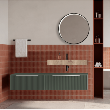 Set mobilier baie suspendat verde salvie, riflaje Cannetatto, lavoar imitatie lemn si oglinda rotunda, manere crom, 140 cm, SaviniDue Iconica