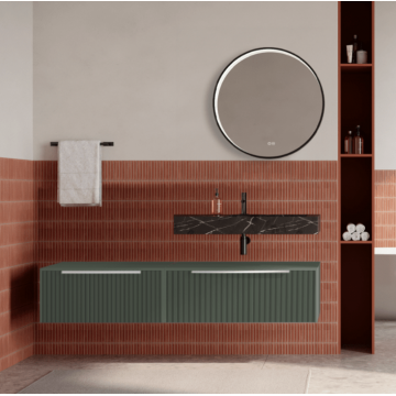 Set mobilier baie suspendat verde salvie, riflaje Cannetatto, lavoar negru si oglinda rotunda, manere crom, 140 cm, SaviniDue Iconica