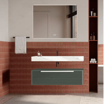 Set mobilier baie suspendat verde salvie, riflaje Dogato, lavoar alb și oglinda, manere albe, 100 cm, SaviniDue Iconica