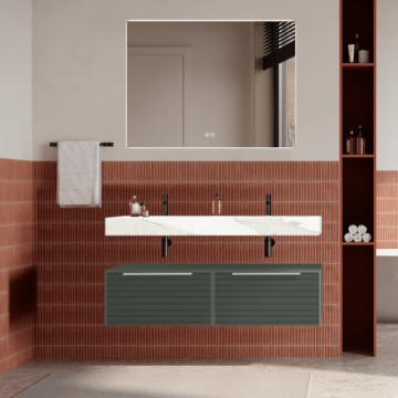 Set mobilier baie suspendat verde salvie, riflaje Dogato, lavoar alb si oglinda, manere crom, 120 cm, SaviniDue Iconica
