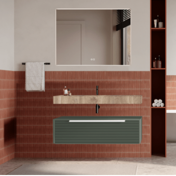 Set mobilier baie suspendat verde salvie, riflaje Dogato, lavoar imitatie lemn și oglinda, manere albe, 100 cm, SaviniDue Iconica