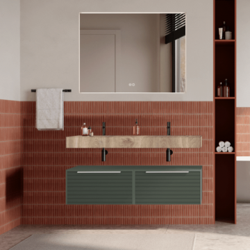 Set mobilier baie suspendat verde salvie, riflaje Dogato, lavoar imitatie lemn si oglinda, manere crom, 120 cm, SaviniDue Iconica