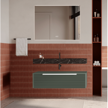 Set mobilier baie suspendat verde salvie, riflaje Dogato, lavoar negru și oglinda, manere albe, 100 cm, SaviniDue Iconica