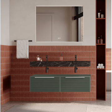 Set mobilier baie suspendat verde salvie, riflaje Dogato, lavoar negru si oglinda, manere crom, 120 cm, SaviniDue Iconica