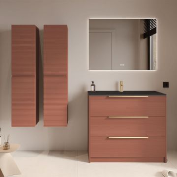 Set mobilier caramiziu mat cu 2 coloane suspendate, lavoar incastrat negru mat și oglindă, cu riflaje Dogato, 100 cm, SaviniDue Iconica