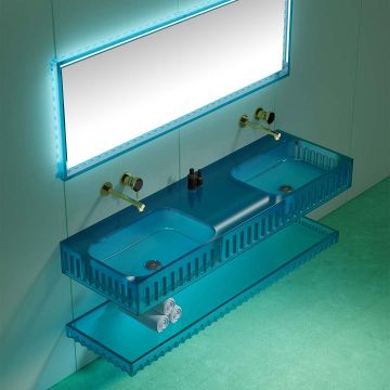 Set mobilier cu lavoar dublu pe perete, raft si oglinda, 120 cm, albastru transparent, finisaj mat, MonBlari