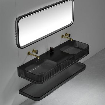 Set mobilier cu lavoar dublu pe perete, raft si oglinda, 140 cm, negru transparent, finisaj mat, MonBlari