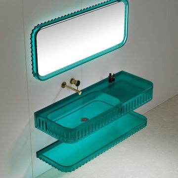 Set mobilier cu lavoar pe perete, raft si oglinda, 90 cm, albastru transparent, finisaj mat, MonBlari