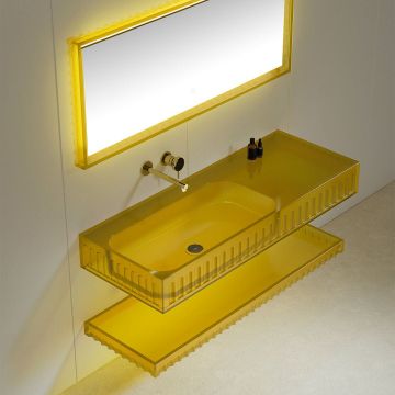Set mobilier cu lavoar pe perete, raft si oglinda, 90 cm, galben transparent, finisaj mat, MonBlari