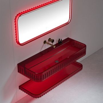 Set mobilier cu lavoar pe perete, raft si oglinda, 90 cm, rosu transparent, finisaj mat, MonBlari