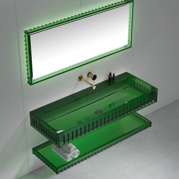 Set mobilier cu lavoar pe perete, raft si oglinda, 90 cm, verde transparent, finisaj mat, MonBlari